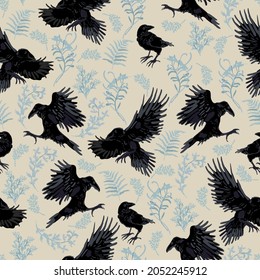 Black crow vector seamless pattern. Surface design for fabric, wallpaper, wrapping paper, scrapbooking, invitation card, fashion. Neutral ivory, white, light blue colors.