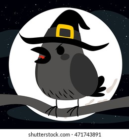 Black crow with witch hat on full moon Halloween night