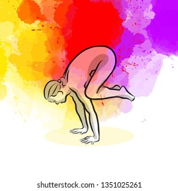 Black Crow Yoga Pose. Hand-drawn vector illustration, healthy exercise series.
