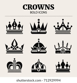 Black crown bold icons. Vector set of crown flat illustration