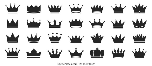 Black crown icon collection. Set of black crown icons. King and queen crown icon collection