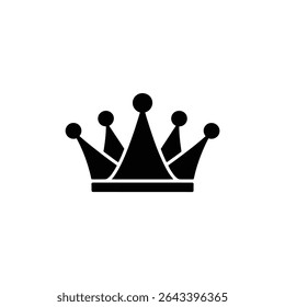 Black crown icon featuring five points, each capped with a spherical gem, symbolizing royalty, leadership, monarchy, and heraldic power on a white background.
