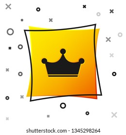 Black Crown icon isolated on white background. Yellow square button. Vector Illustration