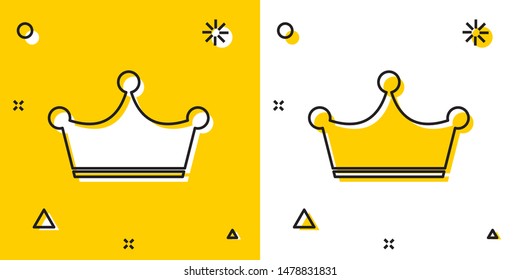 Black Crown icon isolated on yellow and white background. Random dynamic shapes. Vector Illustration
