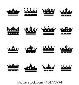 Black crown icons set. Different forms. Isolated on white background. Vector illustration.