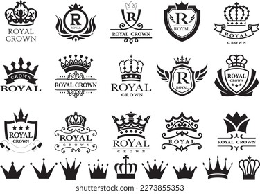 Black crown icons set on white. Collection of vector crown silhouettes.