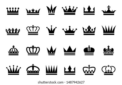 Black crown icons. Vector different crown silhouettes isolated on white background