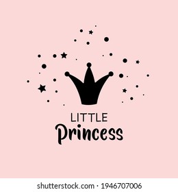 Black crown with lettering little princess and stars on pink. Hand drawn lettering with crown for t-shirt prints, phone cases, decor or posters. Kids text for girls clothes.