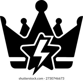 Uma coroa preta com um raio e estrela no centro em um fundo branco puro, design gráfico vetorial simples