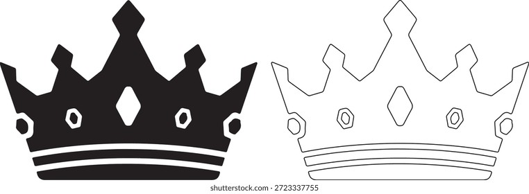 A black crown and a line art crown side by side on a white background, royalty symbols