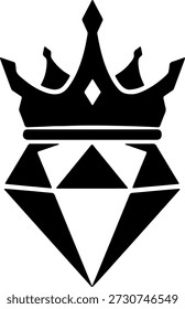 Uma coroa preta sentada sobre um diamante, isolada sobre um fundo branco puro, com linhas em negrito e um design impressionante
