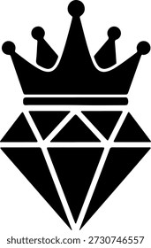 Una corona negra sentada sobre un diamante facetado, con líneas audaces y un diseño llamativo, mostrando lujo y riqueza