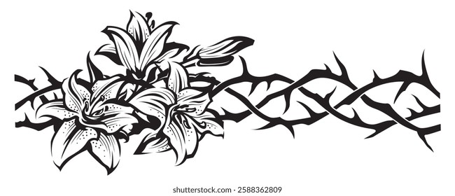 black crown of thorns with bouquet of lilies isolated on white background