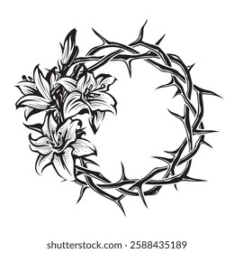 black crown of thorns with bouquet of lilies isolated on white background