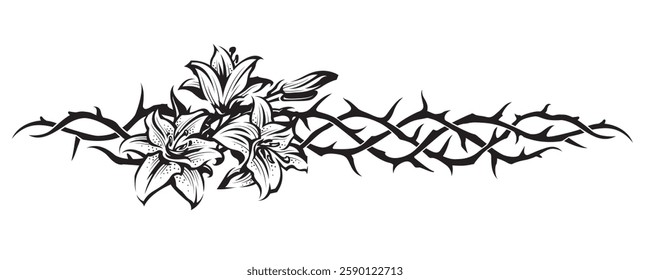 black crown of thorns with bouquet of lilies isolated on white background