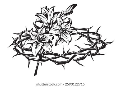 black crown of thorns with bouquet of lilies isolated on white background