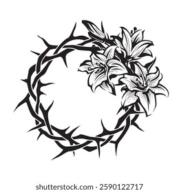 black crown of thorns with bouquet of lilies isolated on white background