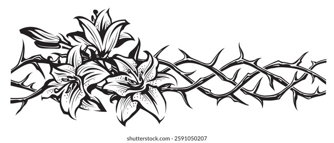 black crown of thorns with bouquet of lilies isolated on white background