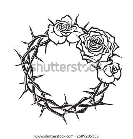 black crown of thorns with bouquet of roses isolated on white background