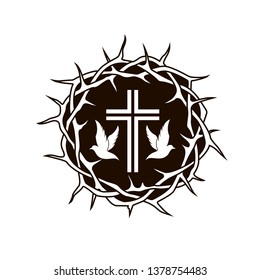 black crown of thorns, cross and dove icon isolated on white background