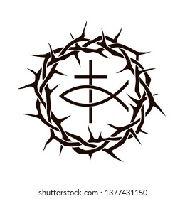 black crown of thorns with fish icon isolated on white background 