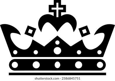 A black crown vector icon featuring a cross at the top, decorated with circular and diamond shapes.