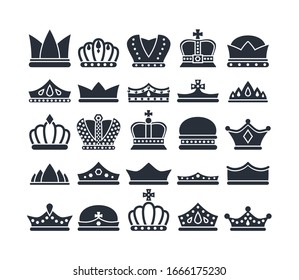 black crowns. monarch luxury royal items and symbols for kings and queens. vector silhouettes of diadem and crowns