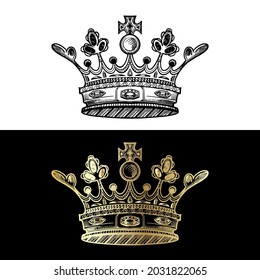 Black crowns on a white background. Gold on a black background. Vector illustration. Vintage antique crown for king