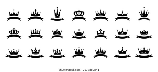 Black Crowns And Ribbon Set. Various Types Of Luxurious Headdress. Expensive, Royal Jewelry. Design Element For Logos, Website Or App. Cartoon Flat Vector Collection Isolated On White Background