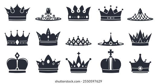 Coronas negras y siluetas. Símbolos del poder real. Cascos de los Reyes. Diadema de Queens. Tocados de oro Prince con piedras preciosas. Coronas majestuosas. Icono de la tiara de lujo de la joya. Recientes