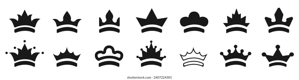 Juego de iconos vectoriales de coronas negras. Colección de iconos de la corona principal. Atributos de la potencia de la corona en diferentes variantes vectoriales. Símbolo del reino. Corona de monarcas icono vector conjunto de siluetas.