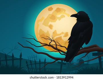 Black crows and branches on cemetery background.