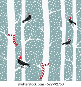 Black crows with christmas hats on the winter trees with christmas scarfs. Snowing. Seamless pattern. Vector illustration on grey background