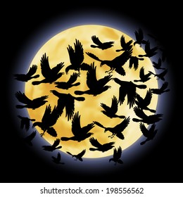 Black crows flying on the background of a full moon night