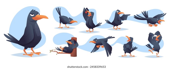 Black crows. Funny cartoon birds in different poses flying and standing exact vector crows