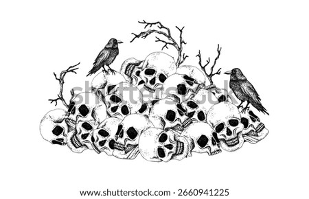 Black crows sit on a pile of skulls with dry branches. Graphics illustration with white background. Hand drawn vector in Gothic style for Halloween, Day of the Dead. For packaging, postcards, decor.
