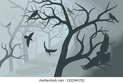 Black crows in a terrible foggy forest. A flock of crows on Scary Halloween background with old dead trees. Flat Art Vector illustration