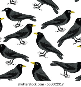 Black crows with yellow beaks seamless pattern. Vector illustration on white background