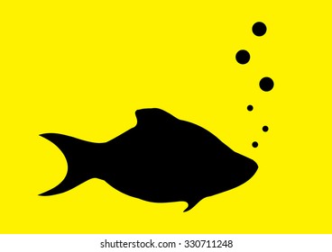 Black crucian fish and oxygen bubbles on yellow background vector pattern