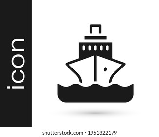 Black Cruise ship icon isolated on white background. Travel tourism nautical transport. Voyage passenger ship, cruise liner. Worldwide cruise.  Vector