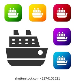 Black Cruise ship icon isolated on white background. Travel tourism nautical transport. Voyage passenger ship, cruise liner. Worldwide cruise. Set icons in color square buttons. Vector