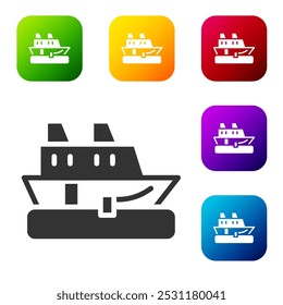 Icono negro del barco de crucero aislado en el fondo blanco. Turismo de viajes y transporte náutico. Buque de pasajeros de viaje, crucero. Crucero mundial. Establezca los íconos en Botones cuadrados de color. Vector