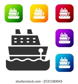 Icono negro del barco de crucero aislado en el fondo blanco. Turismo de viajes y transporte náutico. Buque de pasajeros de viaje, crucero. Crucero mundial. Establezca los íconos en Botones cuadrados de color. Vector