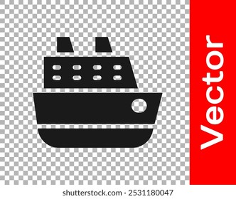 Icono de crucero negro aislado sobre fondo transparente. Turismo de viajes y transporte náutico. Buque de pasajeros de viaje, crucero. Crucero mundial.  Vector