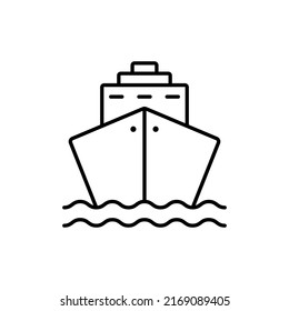 Black Cruise Ship Line Icon. Ocean Vessel Icon in Front View Linear Pictogram. Cargo Boat Outline Icon. Marine Sign for Freight, Passenger Travel. Editable Stroke. Isolated Vector Illustration. svg