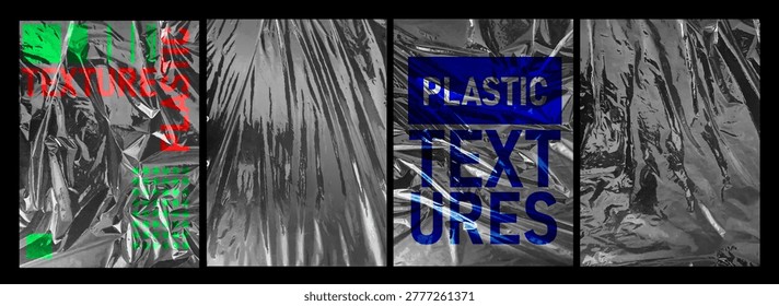 Black crumpled plastic bag texture for edgy brutalist design. High contrast film wrap overlay background for posters, rave graphics, techno aesthetics in bold vector style. 