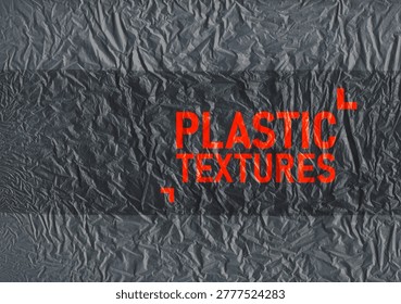 Black crumpled plastic bag texture, background for edgy brutalist design. Vector contrast film wrap overlay background for posters, rave graphics, techno aesthetics in bold punk style.