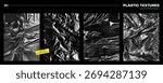 Black crumpled plastic bag textures for edgy brutalist design. High contrast film wrap overlay backgrounds. Perfect for posters, rave graphics, techno aesthetics. Vector EPS10 graphics.