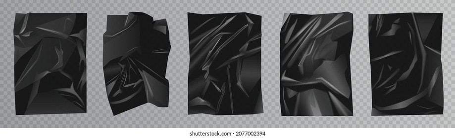 Black crumpled polyethylene film set vector illustration. 3d realistic drapery of luxury gold plastic, paper or fabric silk with shiny silky surface, polyethylene mockup on transparent background