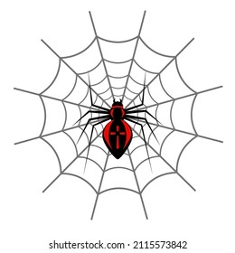 Black crusader spider with red cross and web 